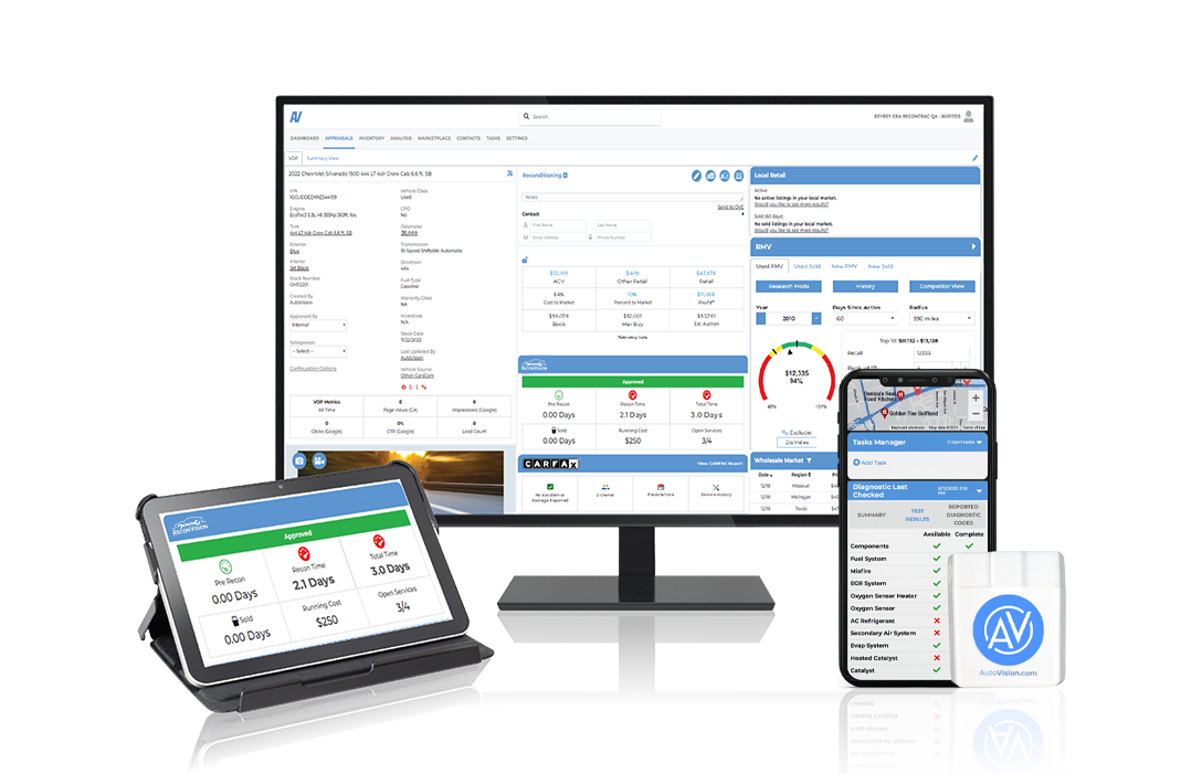 The AutoVision application shown on a tablet, computer, and smartphone. 
