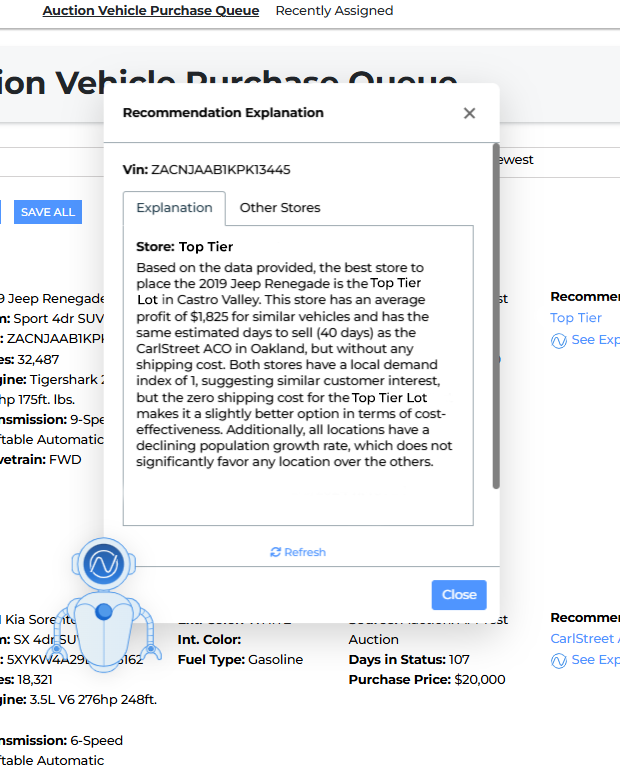 A screenshot of the Avery AI tool recommending which store should stock a vehicle